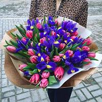 Букет из 30 розовых тюльпанов  и 20 ирисов микс в упаковке - Dolinasad.by